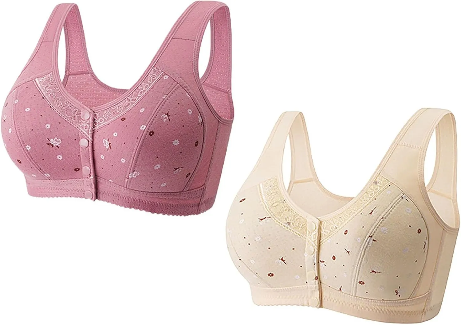 2 Pack Daisy Bras for Older Women Front Snap Close Everyday Bra Plus Size Comfortable No Underwire Sleep T Shirt Bra