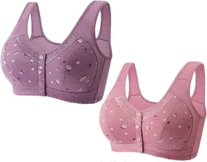 2 Pack Daisy Bras for Older Women Front Snap Close Everyday Bra Plus Size Comfortable No Underwire Sleep T Shirt Bra