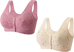 2 Pack Daisy Bras for Older Women Front Snap Close Everyday Bra Plus Size Comfortable No Underwire Sleep T Shirt Bra
