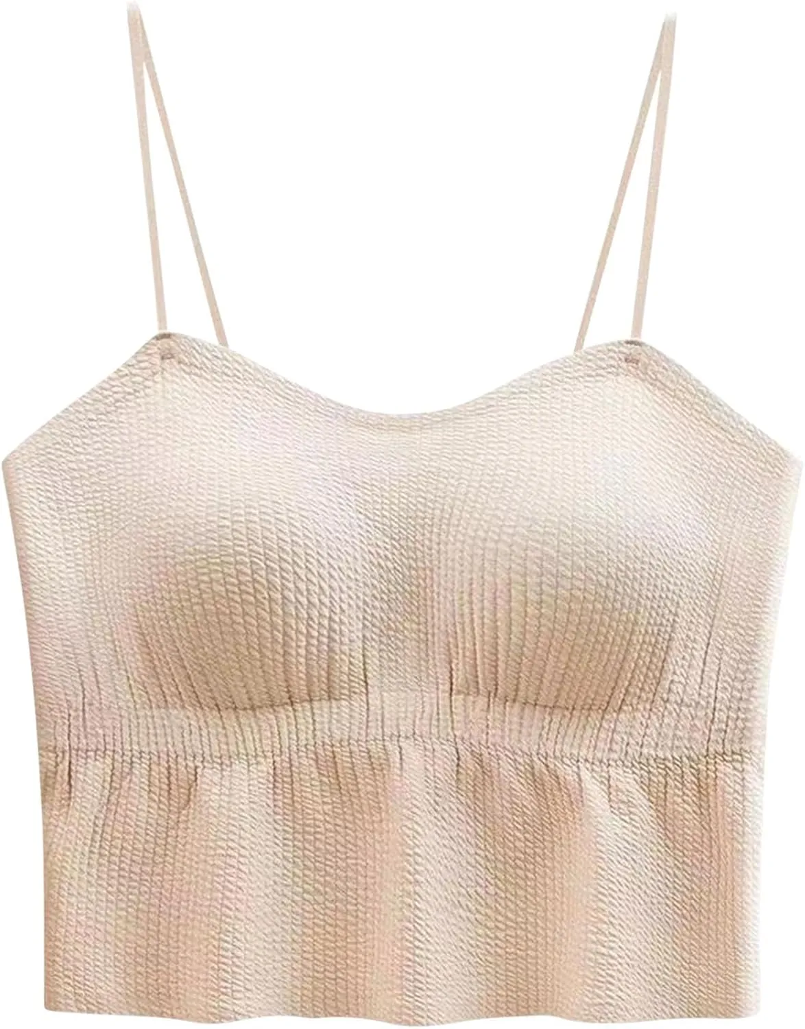 2025 Hot New Shirred Crop Cami Tops for Women Spaghetti Strap Built in Bra Camisoles Summer Sleeveless Slim Rave Tees