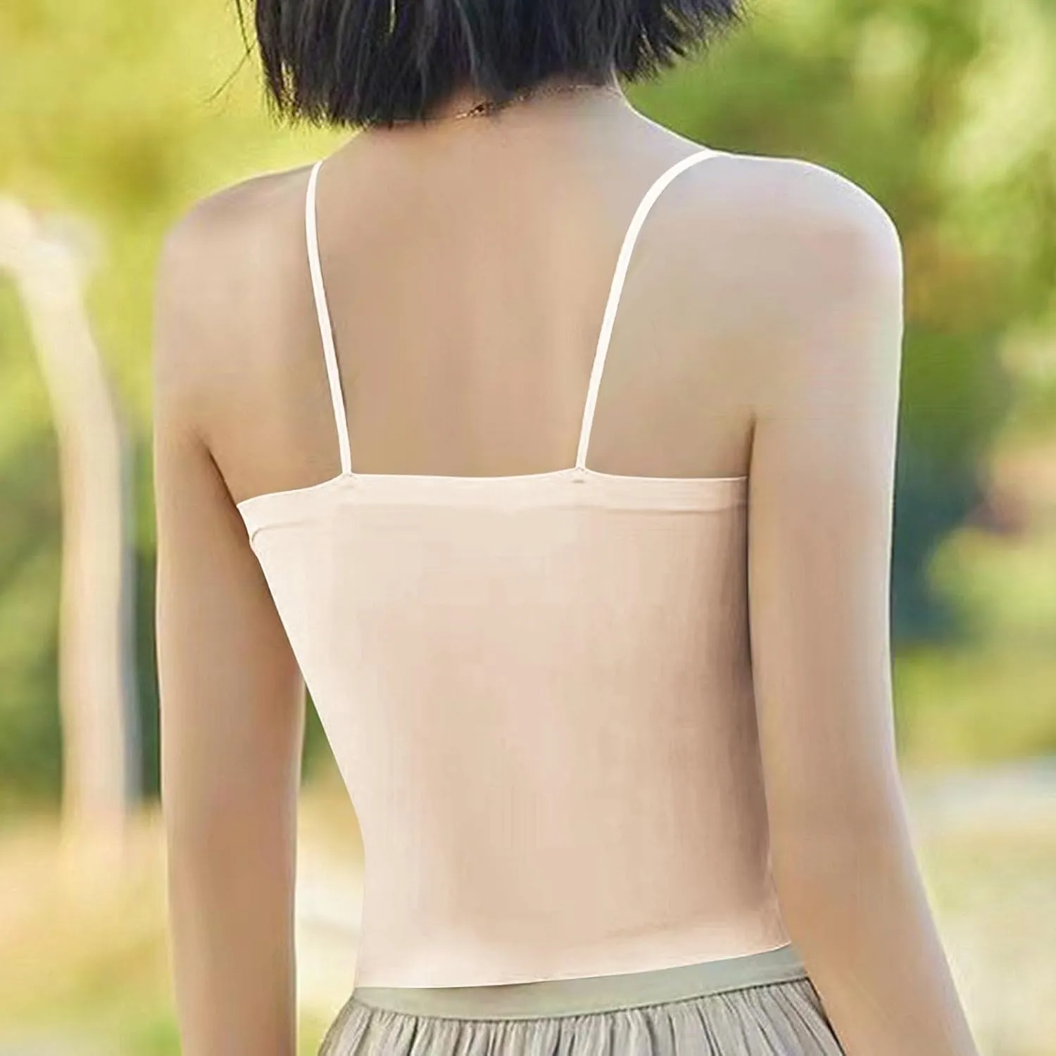 2025 Hot New Shirred Crop Cami Tops for Women Spaghetti Strap Built in Bra Camisoles Summer Sleeveless Slim Rave Tees