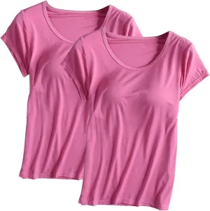 2PCS T-Shirt with Built-in Bra Women Workout Yoga Tops Short Sleeve Padded Bras Soft Pajama Plus Size Athletic Shirts