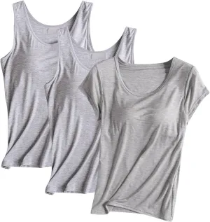 3PC T-Shirt with Built-in Bra Women Workout Tank Tops Sleeveless Padded Bras Soft Pajama Top Plus Size Modal Shirt