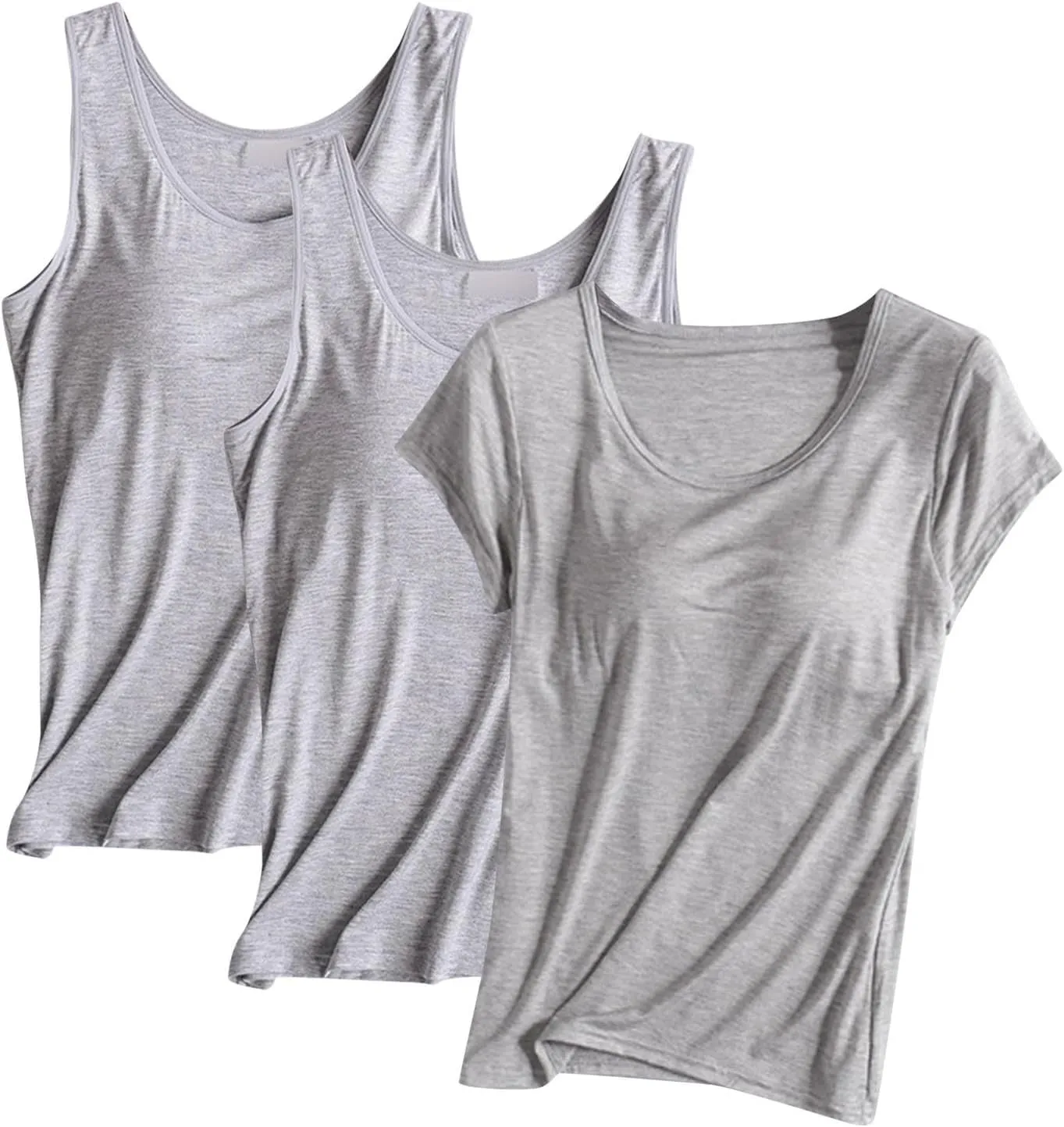 3PC T-Shirt with Built-in Bra Women Workout Tank Tops Sleeveless Padded Bras Soft Pajama Top Plus Size Modal Shirt