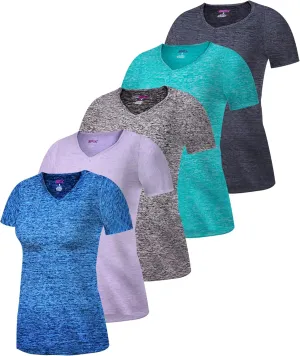 [5 Pack] Women’s Dry-Fit Wicking V-Neck T Shirts Activewear Running Yoga Workout Gym Tee Top