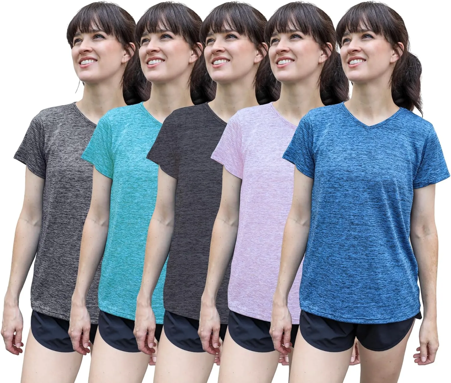 [5 Pack] Women’s Dry-Fit Wicking V-Neck T Shirts Activewear Running Yoga Workout Gym Tee Top