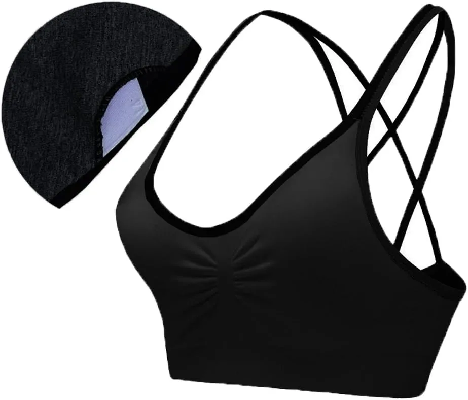 AKAMC Women's Cross Back Sport Bras,Adjustable Straps Padded Criss Cross Cropped Bras for Yoga Workout Fitness