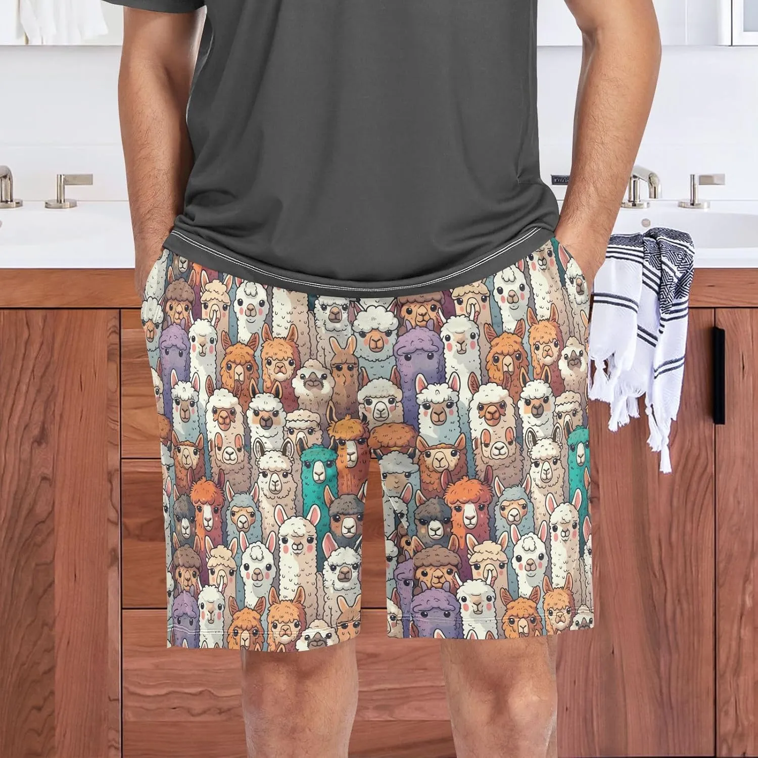 Alpaca Llama Animal Face Mens Pajama Shorts Soft Pants Lounge Sleepwear Bottoms with Drawstring & Pockets