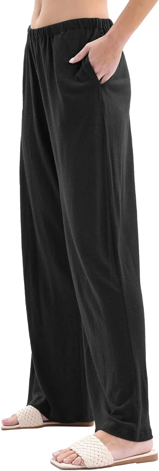 Amazhiyu Womens Linen Knit High Waist Elastic Wide Leg Lounge Pants with Pockets