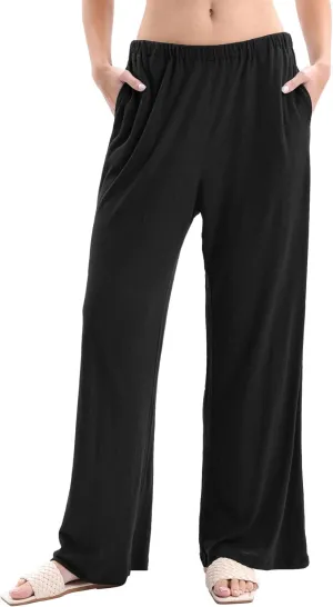 Amazhiyu Womens Linen Knit High Waist Elastic Wide Leg Lounge Pants with Pockets
