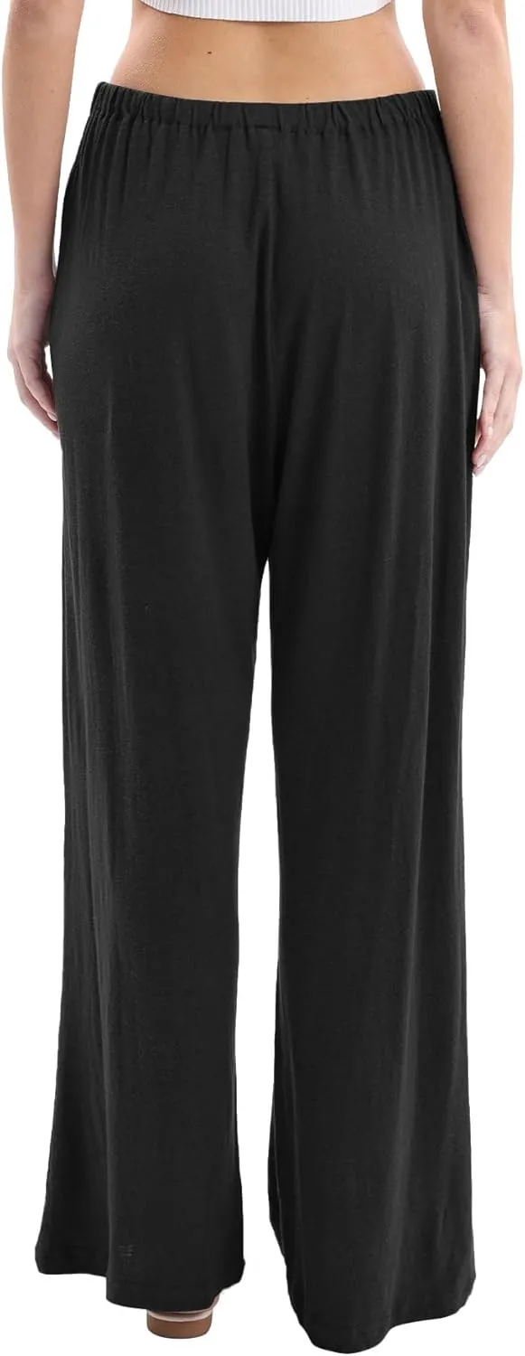 Amazhiyu Womens Linen Knit High Waist Elastic Wide Leg Lounge Pants with Pockets