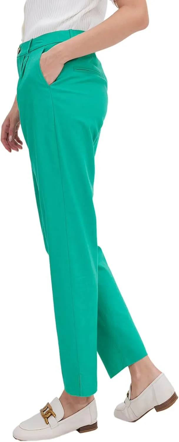 ASSUAL Women's Linen Blend Straight Leg Pants, Mid Waist Button Down Pants, Loose Fit All Day Dress Pants with Pockets