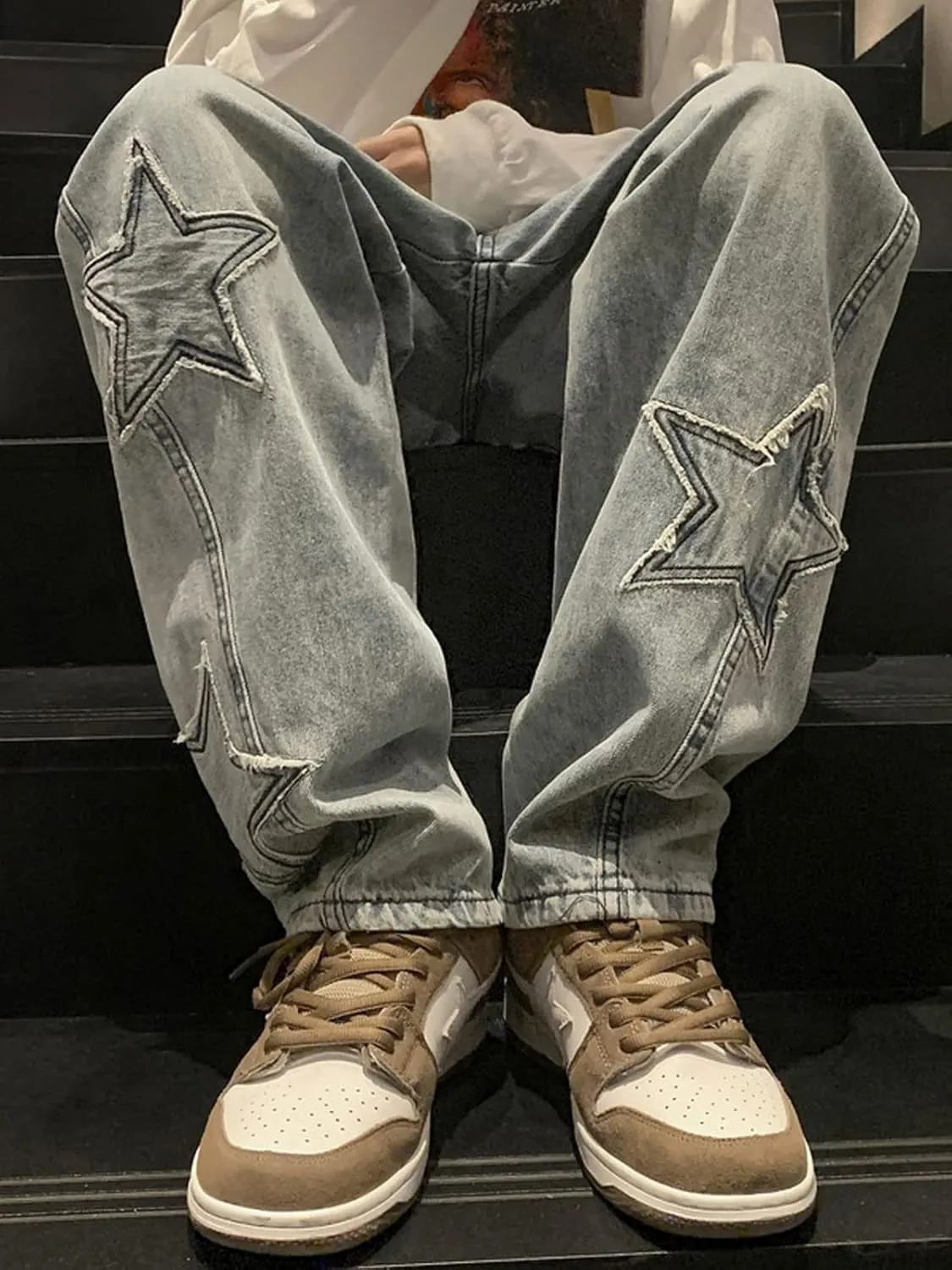Astellarie Mens Streetwear Gothic Loose Fit Hip Hop Baggy Straight Leg Jeans Pants Denim Trousers with Pockets