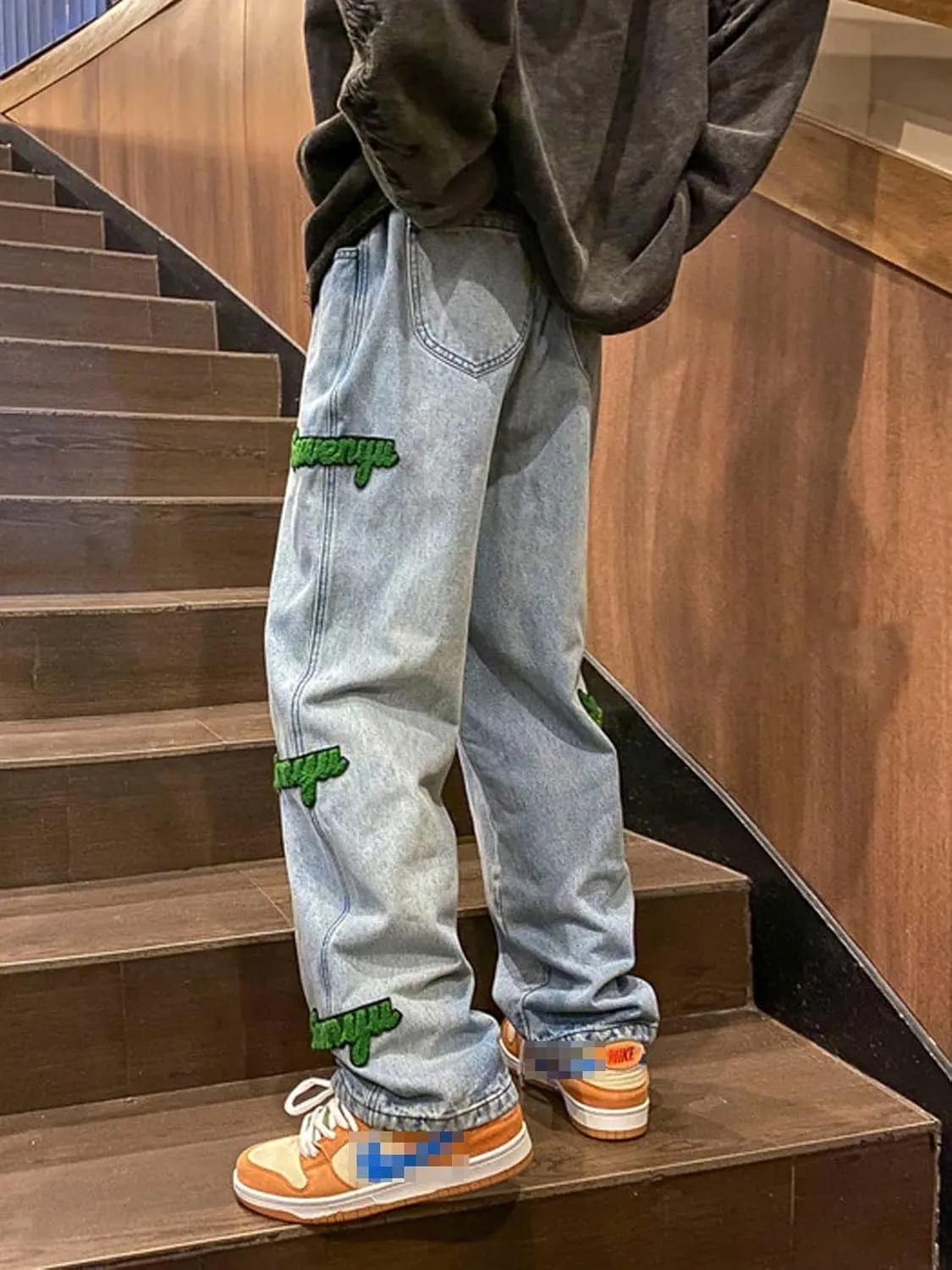 Astellarie Mens Streetwear Gothic Loose Fit Hip Hop Baggy Straight Leg Jeans Pants Denim Trousers with Pockets