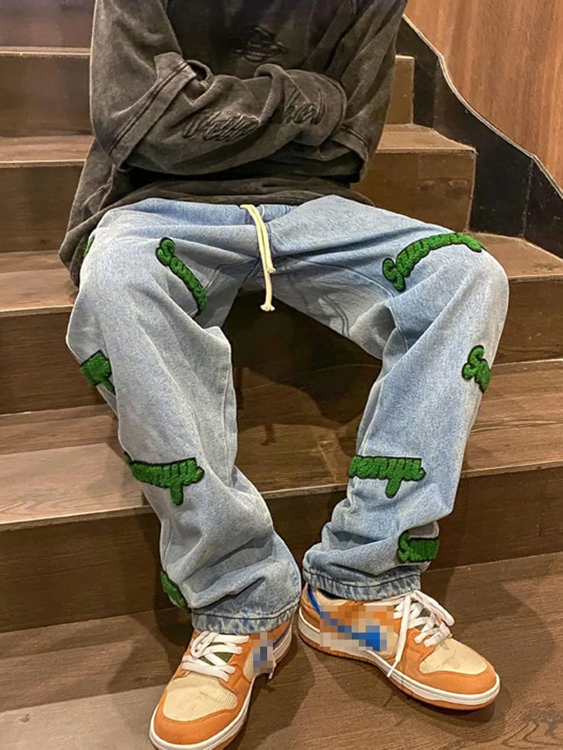 Astellarie Mens Streetwear Gothic Loose Fit Hip Hop Baggy Straight Leg Jeans Pants Denim Trousers with Pockets