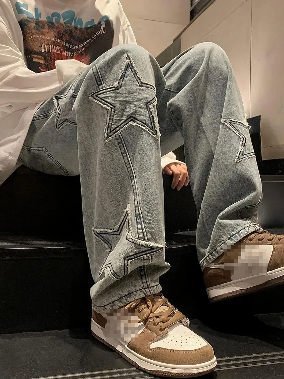 Astellarie Mens Streetwear Gothic Loose Fit Hip Hop Baggy Straight Leg Jeans Pants Denim Trousers with Pockets