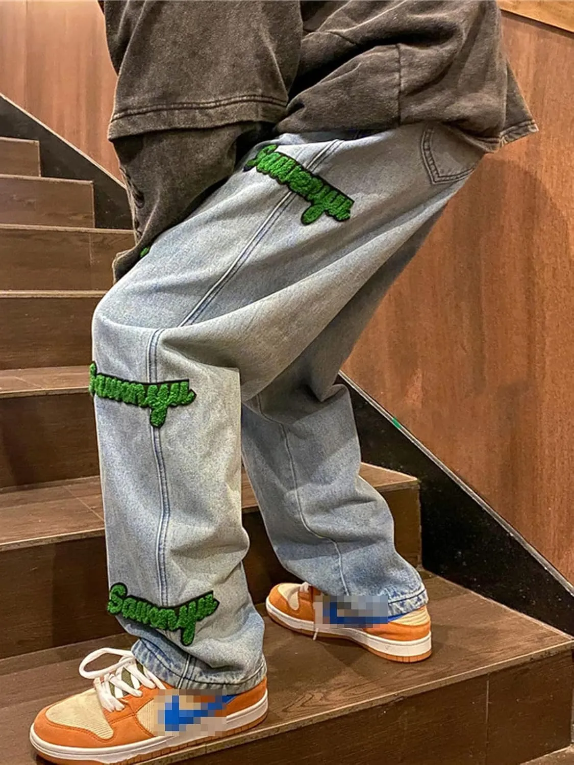 Astellarie Mens Streetwear Gothic Loose Fit Hip Hop Baggy Straight Leg Jeans Pants Denim Trousers with Pockets