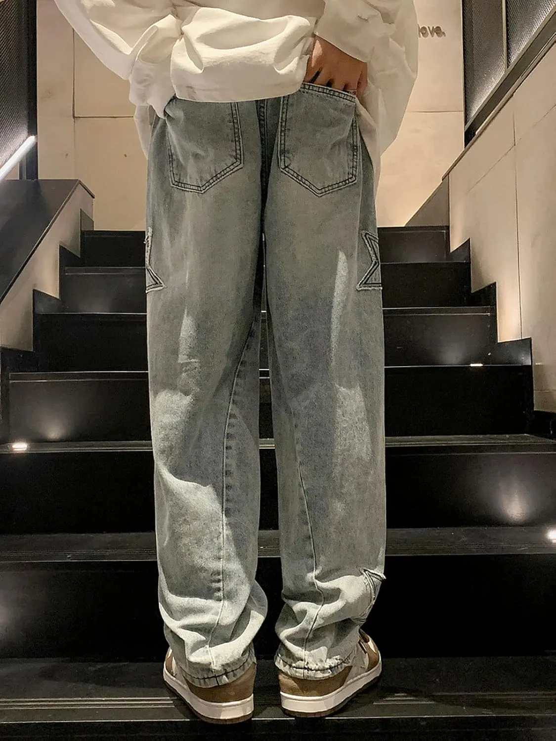 Astellarie Mens Streetwear Gothic Loose Fit Hip Hop Baggy Straight Leg Jeans Pants Denim Trousers with Pockets