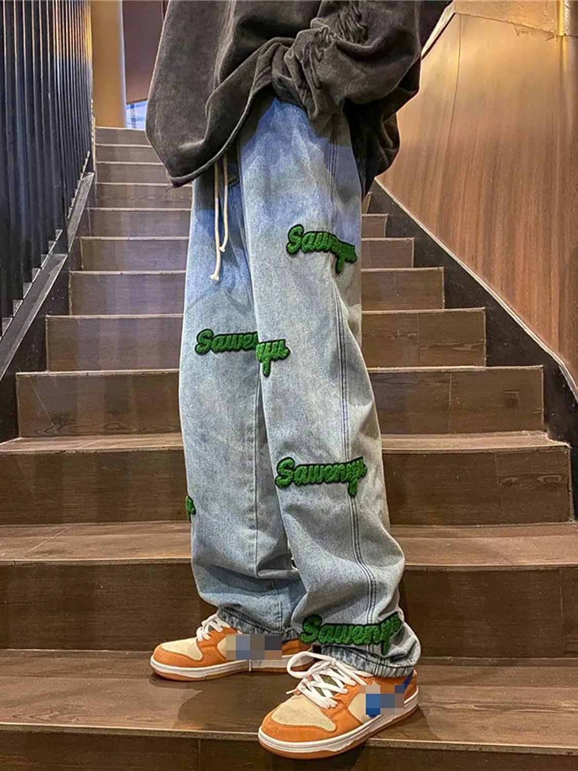 Astellarie Mens Streetwear Gothic Loose Fit Hip Hop Baggy Straight Leg Jeans Pants Denim Trousers with Pockets