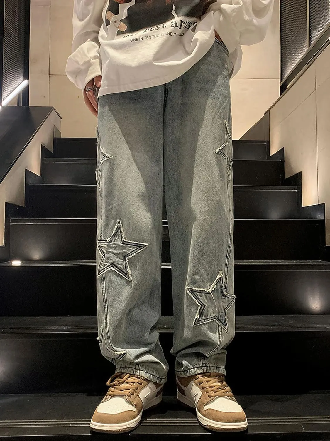 Astellarie Mens Streetwear Gothic Loose Fit Hip Hop Baggy Straight Leg Jeans Pants Denim Trousers with Pockets