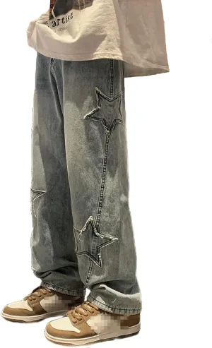 Astellarie Mens Streetwear Gothic Loose Fit Hip Hop Baggy Straight Leg Jeans Pants Denim Trousers with Pockets