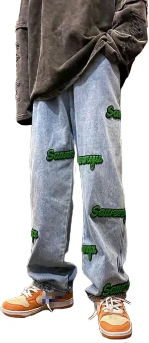 Astellarie Mens Streetwear Gothic Loose Fit Hip Hop Baggy Straight Leg Jeans Pants Denim Trousers with Pockets