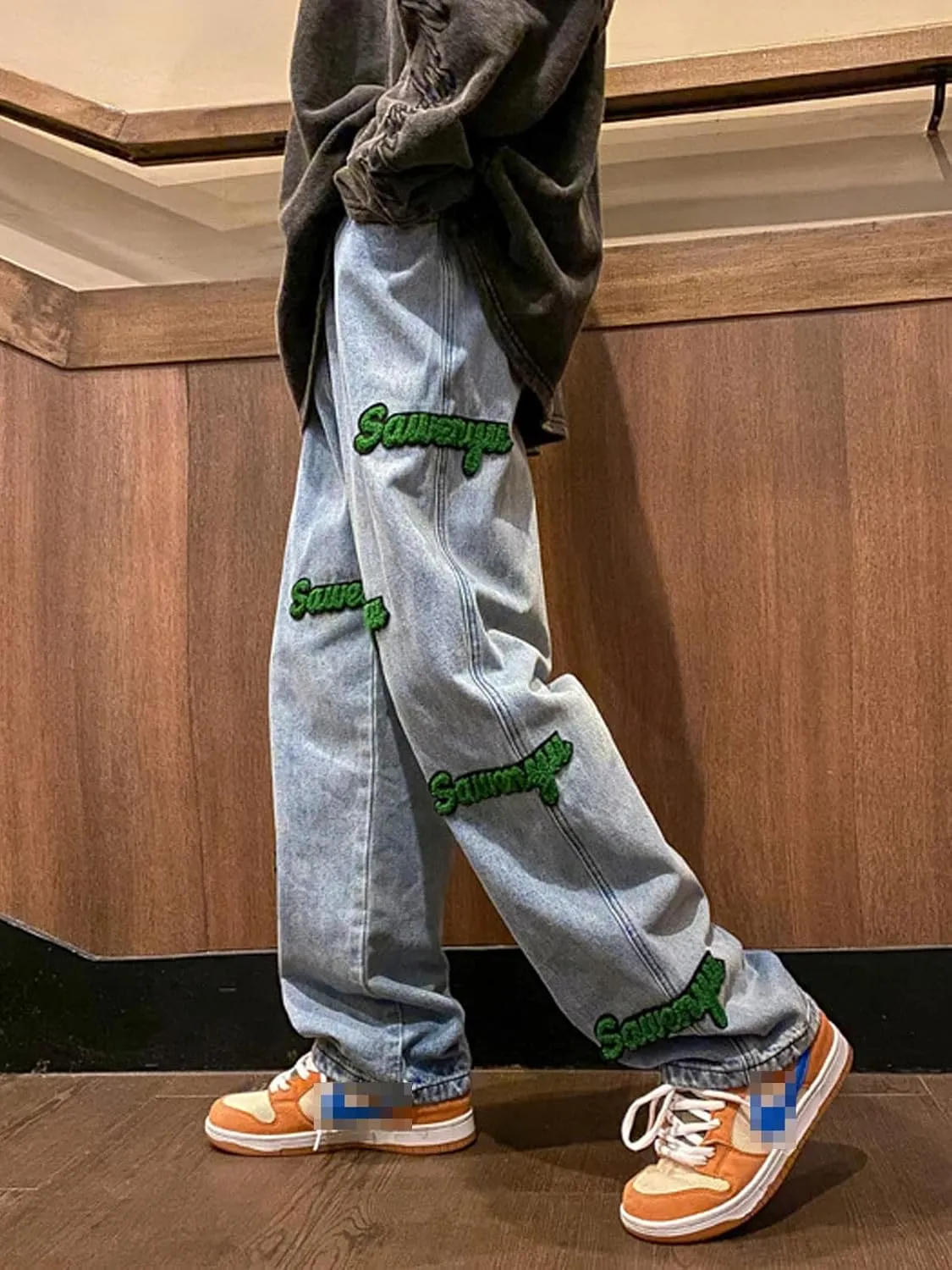 Astellarie Mens Streetwear Gothic Loose Fit Hip Hop Baggy Straight Leg Jeans Pants Denim Trousers with Pockets