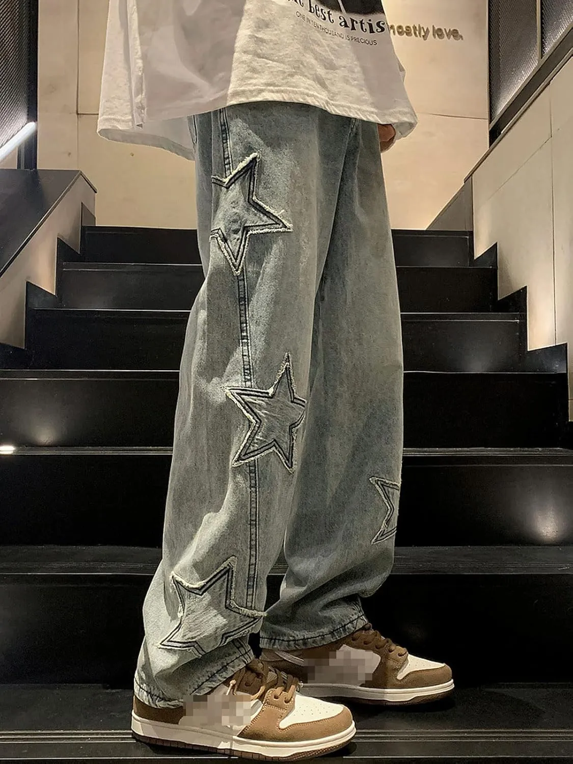 Astellarie Mens Streetwear Gothic Loose Fit Hip Hop Baggy Straight Leg Jeans Pants Denim Trousers with Pockets
