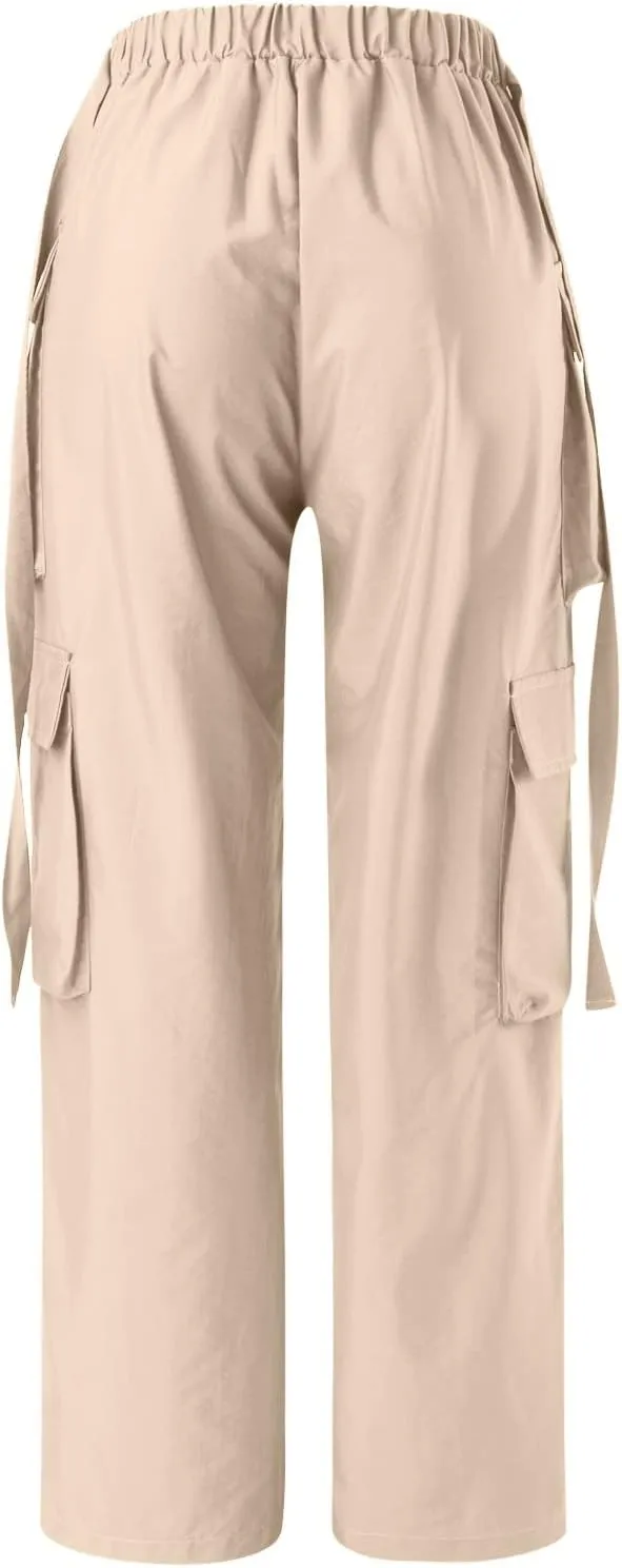 Baggy Parachute Pants for Women Girls Drawstring Elastic Low Waist Ruched Cargo Pants Multiple Pockets Jogger Y2K