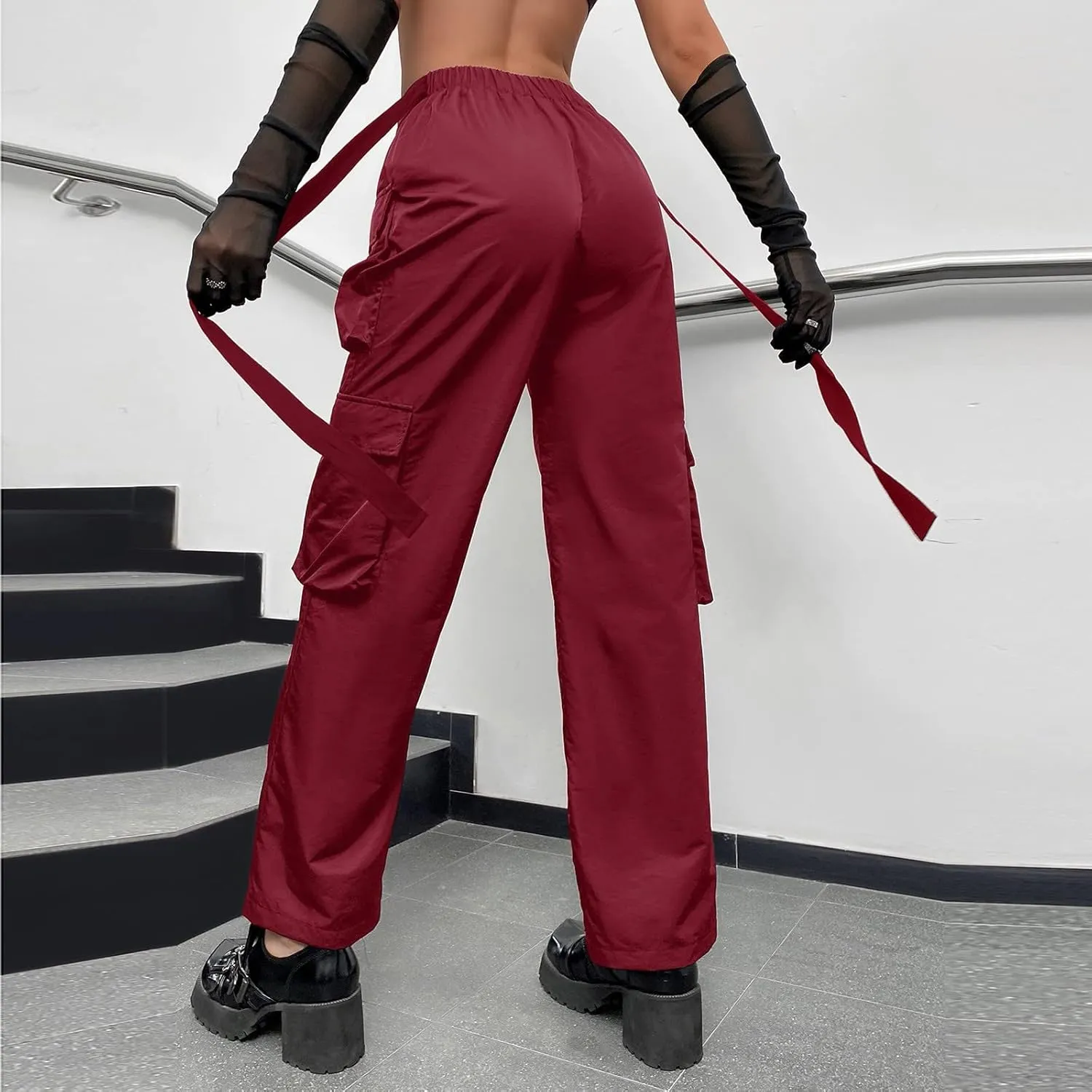 Baggy Parachute Pants for Women Girls Drawstring Elastic Low Waist Ruched Cargo Pants Multiple Pockets Jogger Y2K