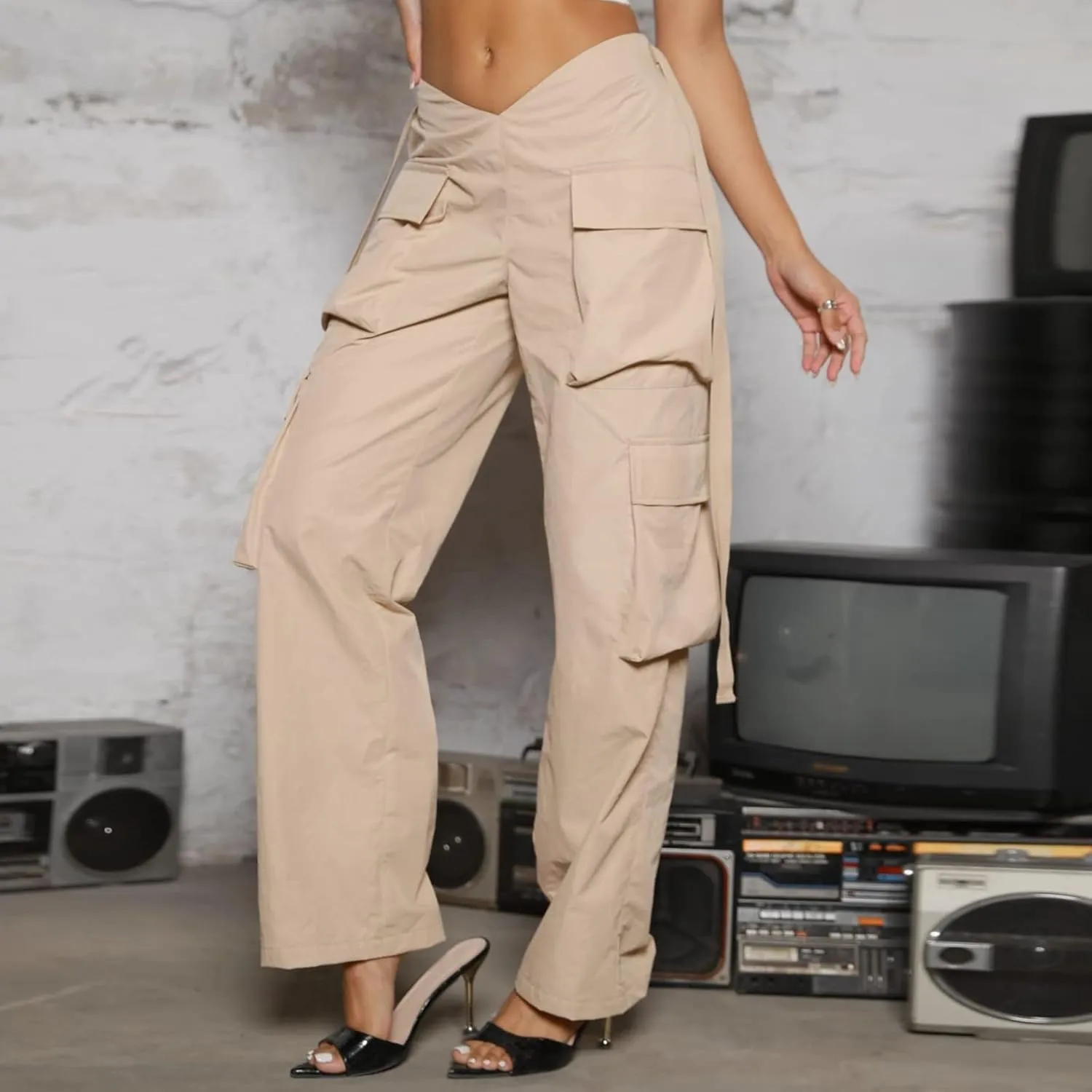 Baggy Parachute Pants for Women Girls Drawstring Elastic Low Waist Ruched Cargo Pants Multiple Pockets Jogger Y2K