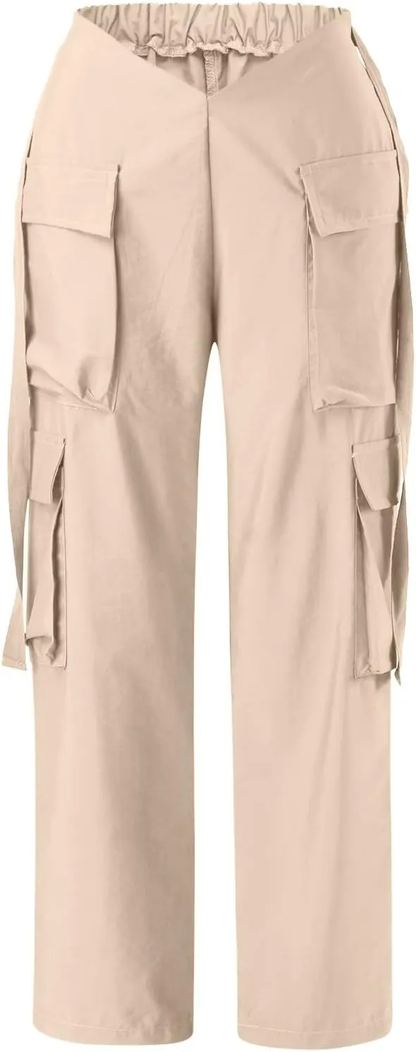 Baggy Parachute Pants for Women Girls Drawstring Elastic Low Waist Ruched Cargo Pants Multiple Pockets Jogger Y2K
