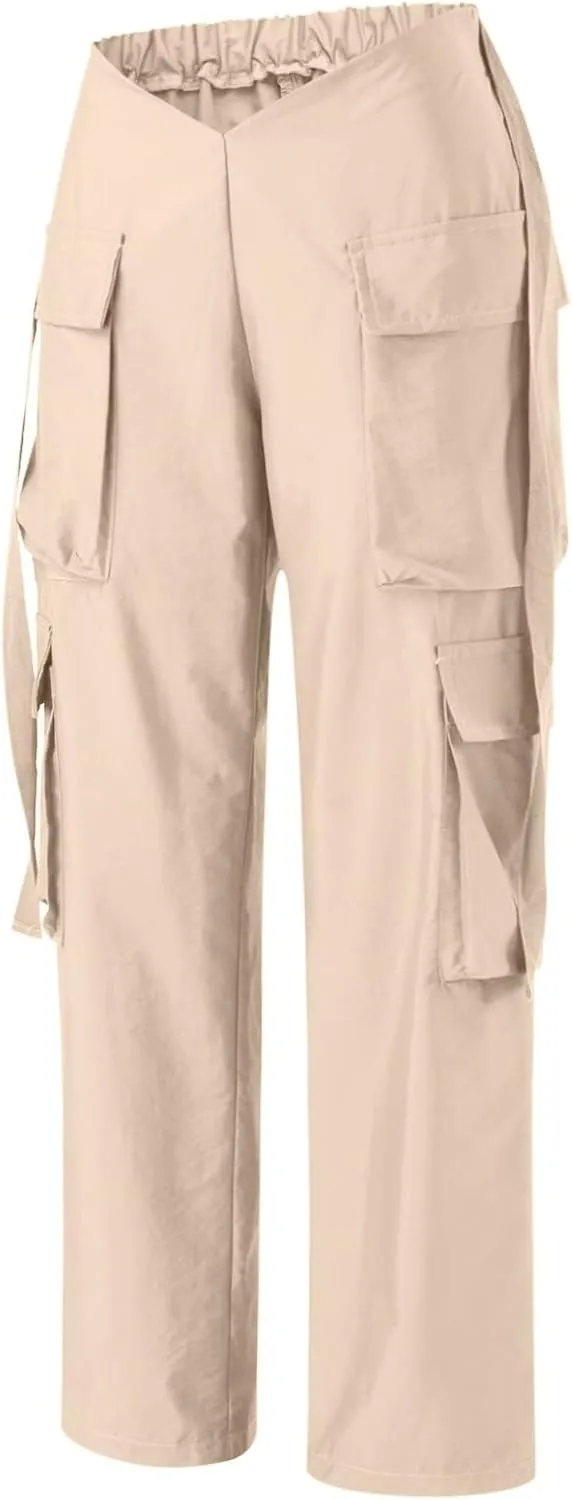 Baggy Parachute Pants for Women Girls Drawstring Elastic Low Waist Ruched Cargo Pants Multiple Pockets Jogger Y2K