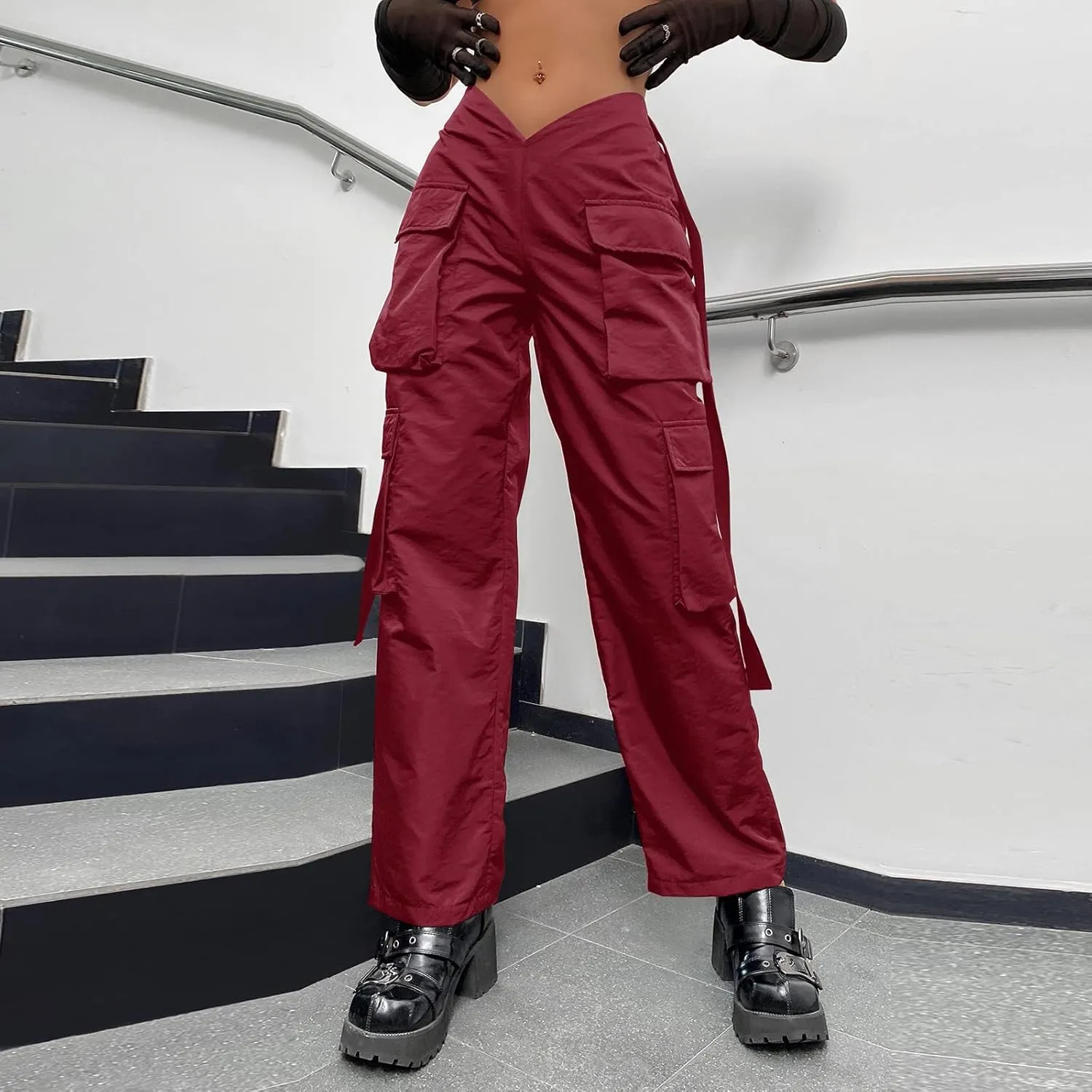 Baggy Parachute Pants for Women Girls Drawstring Elastic Low Waist Ruched Cargo Pants Multiple Pockets Jogger Y2K
