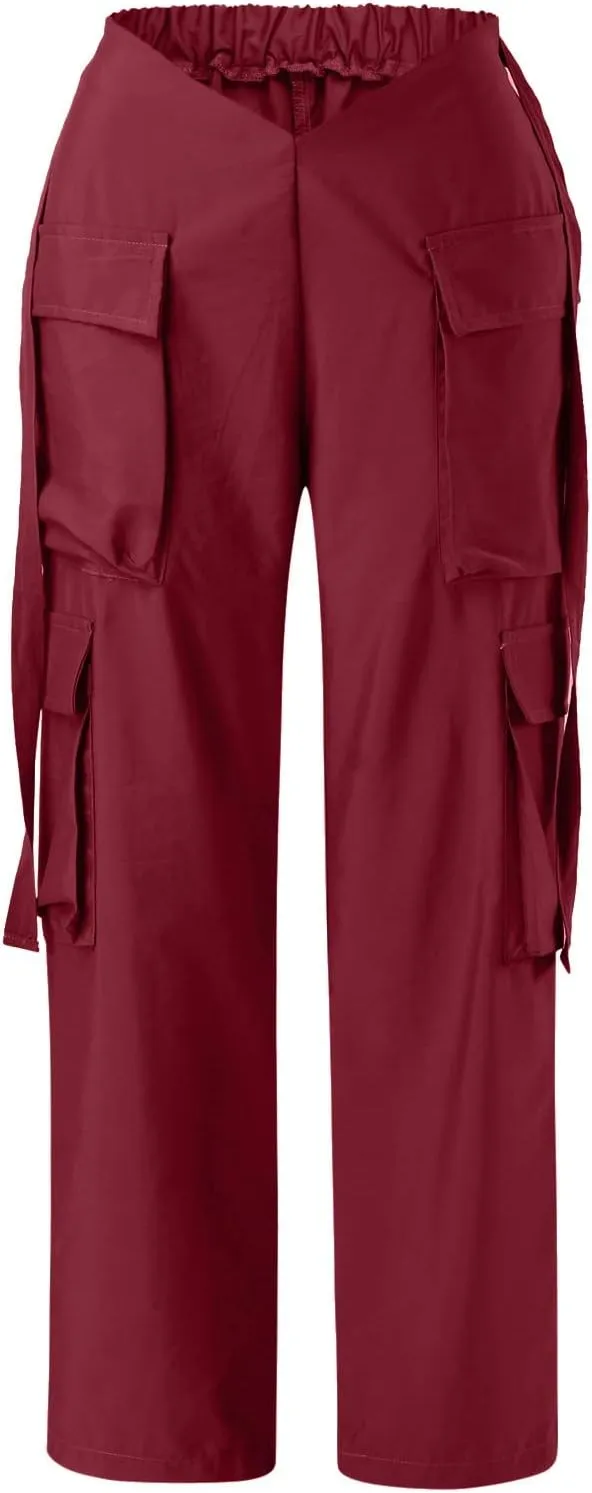 Baggy Parachute Pants for Women Girls Drawstring Elastic Low Waist Ruched Cargo Pants Multiple Pockets Jogger Y2K
