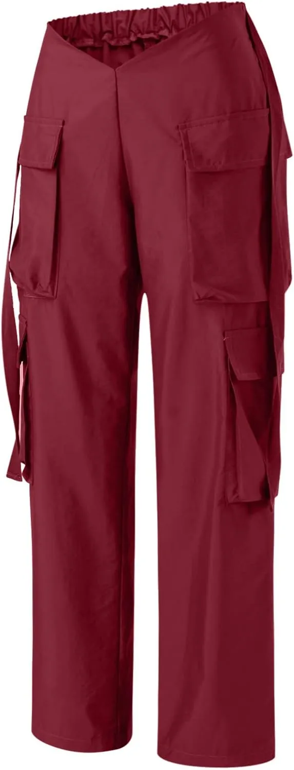 Baggy Parachute Pants for Women Girls Drawstring Elastic Low Waist Ruched Cargo Pants Multiple Pockets Jogger Y2K