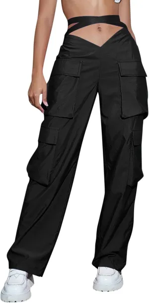 Baggy Parachute Pants for Women Girls Drawstring Elastic Low Waist Ruched Cargo Pants Multiple Pockets Jogger Y2K