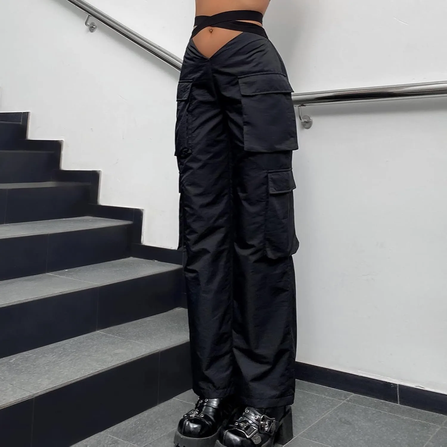 Baggy Parachute Pants for Women Girls Drawstring Elastic Low Waist Ruched Cargo Pants Multiple Pockets Jogger Y2K