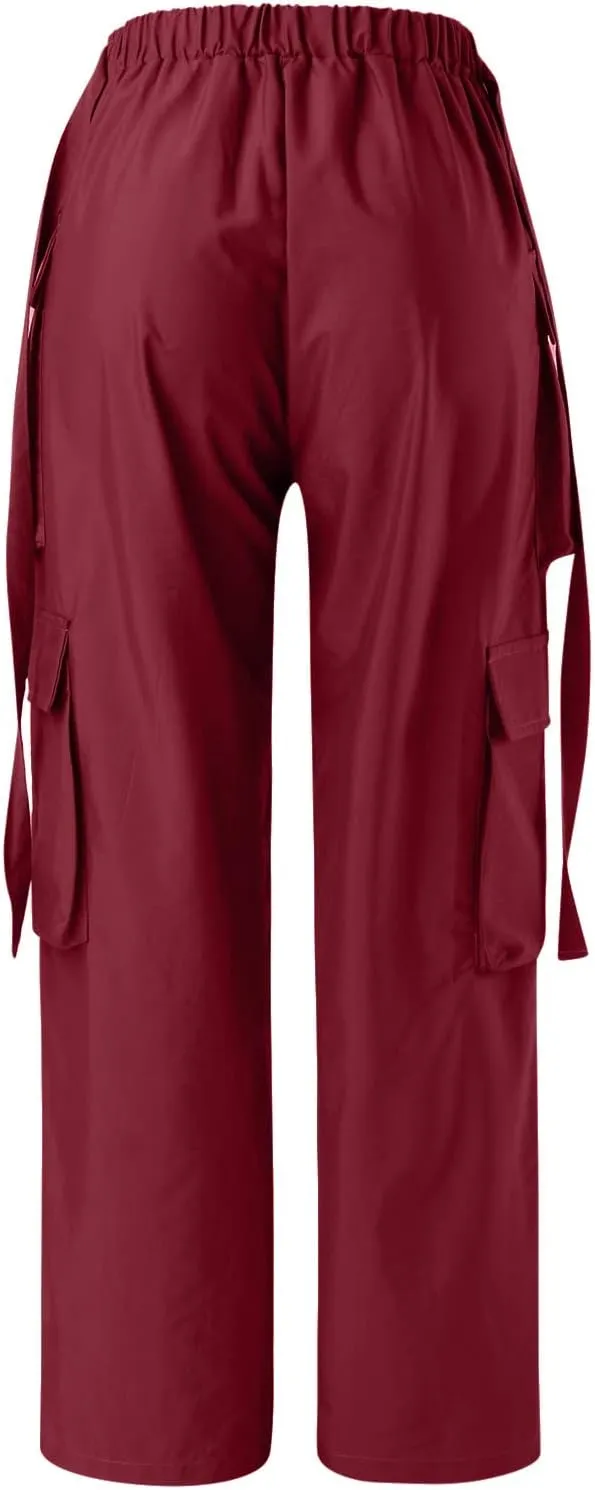 Baggy Parachute Pants for Women Girls Drawstring Elastic Low Waist Ruched Cargo Pants Multiple Pockets Jogger Y2K