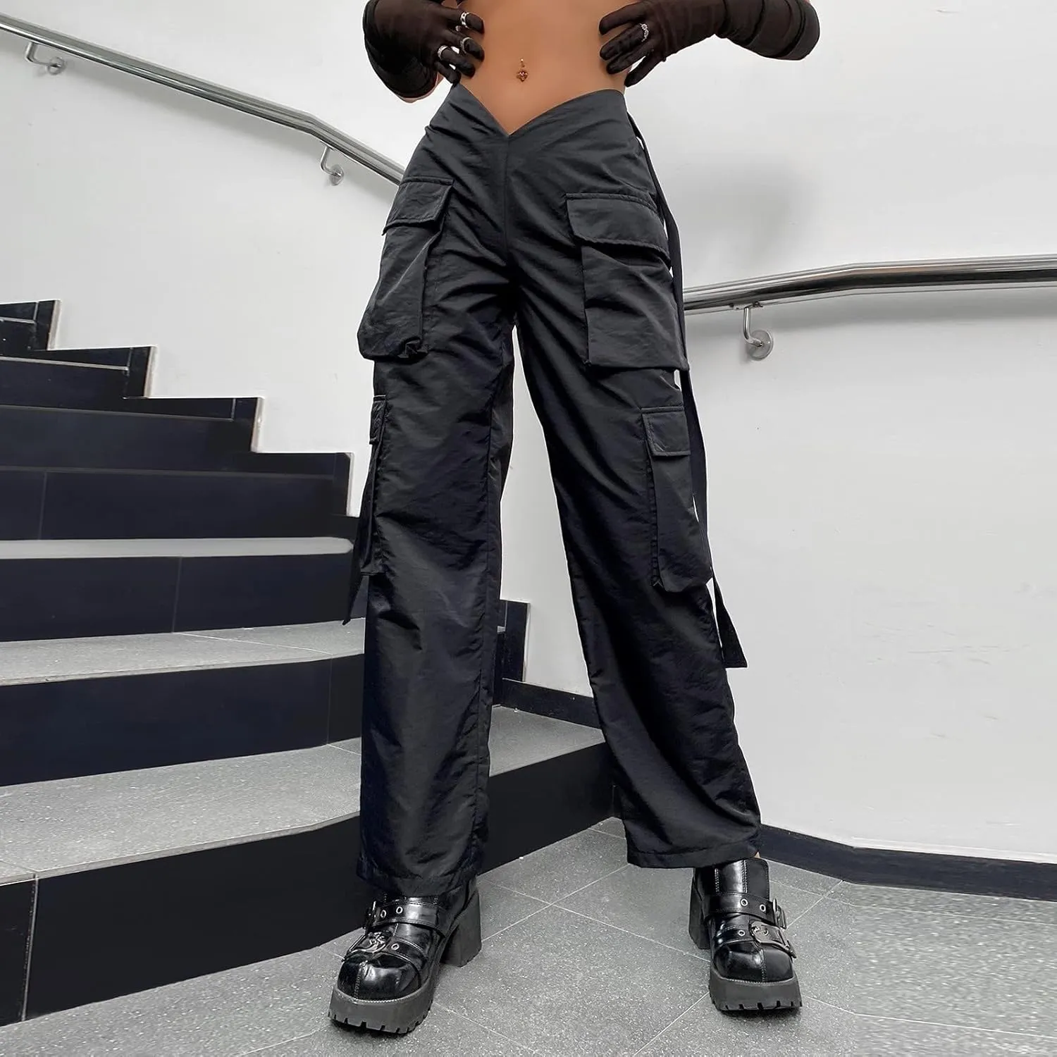 Baggy Parachute Pants for Women Girls Drawstring Elastic Low Waist Ruched Cargo Pants Multiple Pockets Jogger Y2K