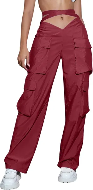 Baggy Parachute Pants for Women Girls Drawstring Elastic Low Waist Ruched Cargo Pants Multiple Pockets Jogger Y2K