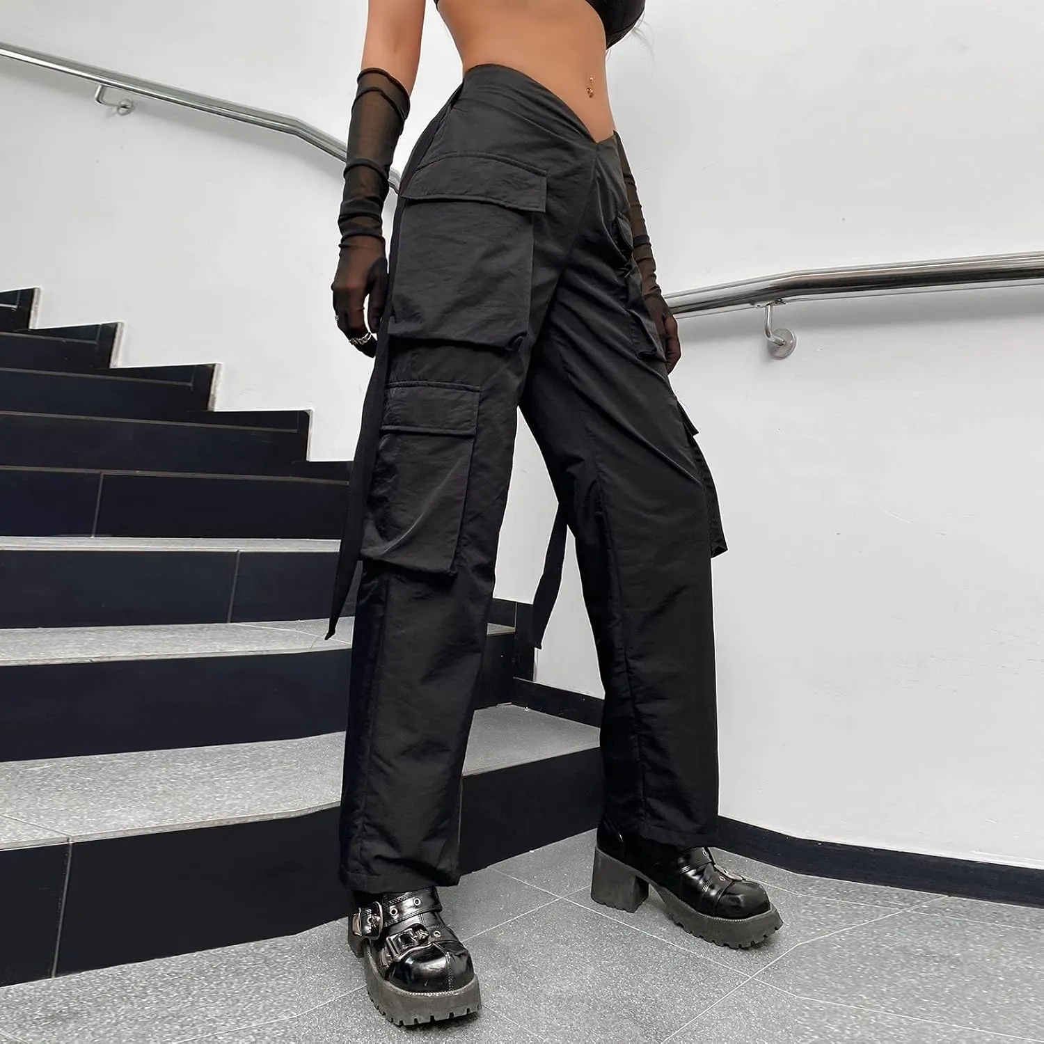 Baggy Parachute Pants for Women Girls Drawstring Elastic Low Waist Ruched Cargo Pants Multiple Pockets Jogger Y2K