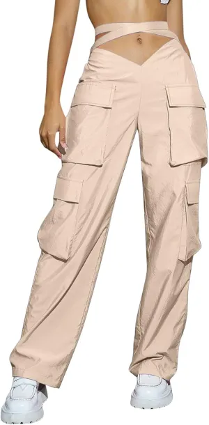 Baggy Parachute Pants for Women Girls Drawstring Elastic Low Waist Ruched Cargo Pants Multiple Pockets Jogger Y2K