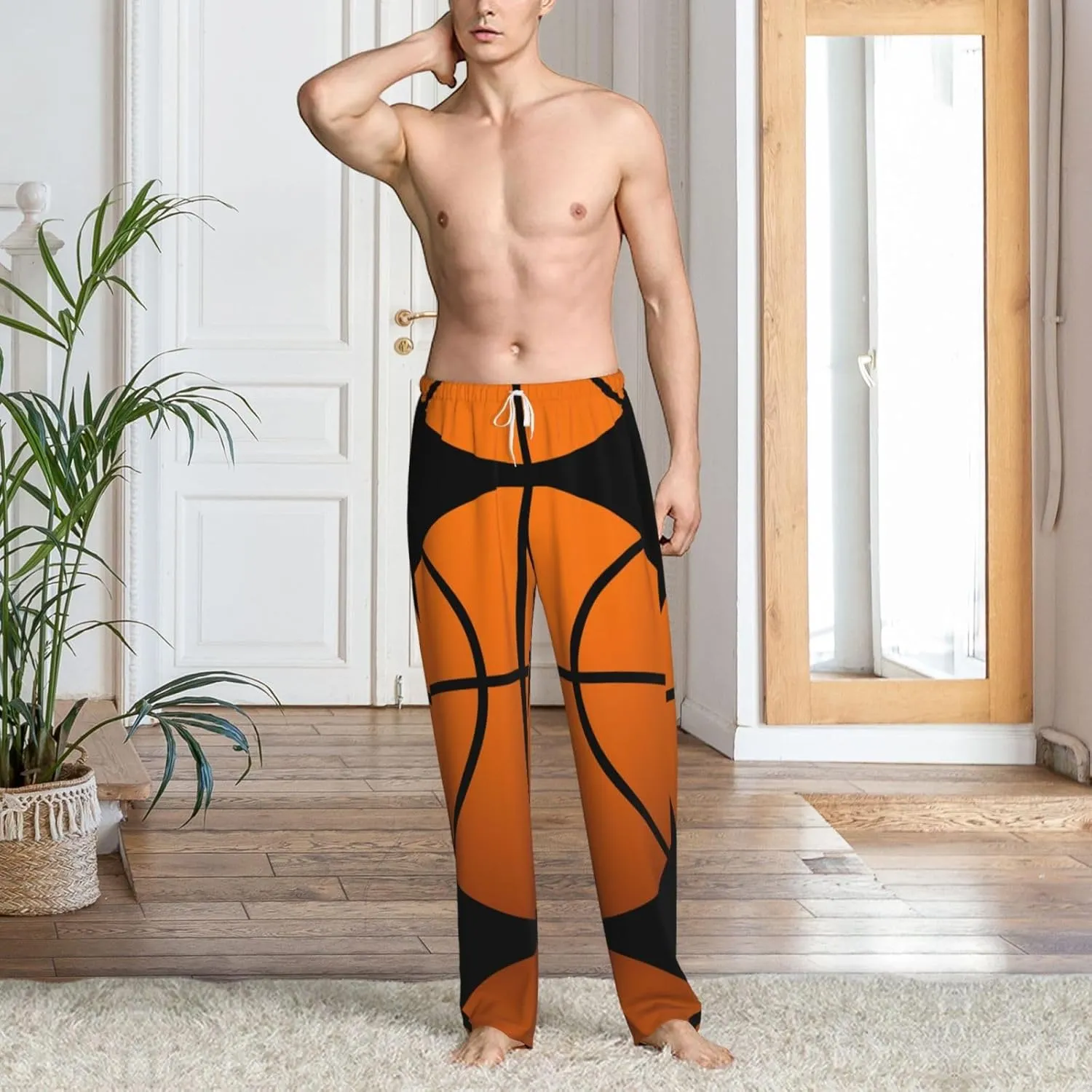 Basketball Print Men Relaxation Pajama Pants Soft Lightweight Lounge Bottoms With Drawstring Pants