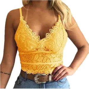 Binmer Lace Bralettes for Women Spaghetti Strap Tank Top Wireless V Neck Crop Top Adjustable Lingerie Slim Basic Camisole