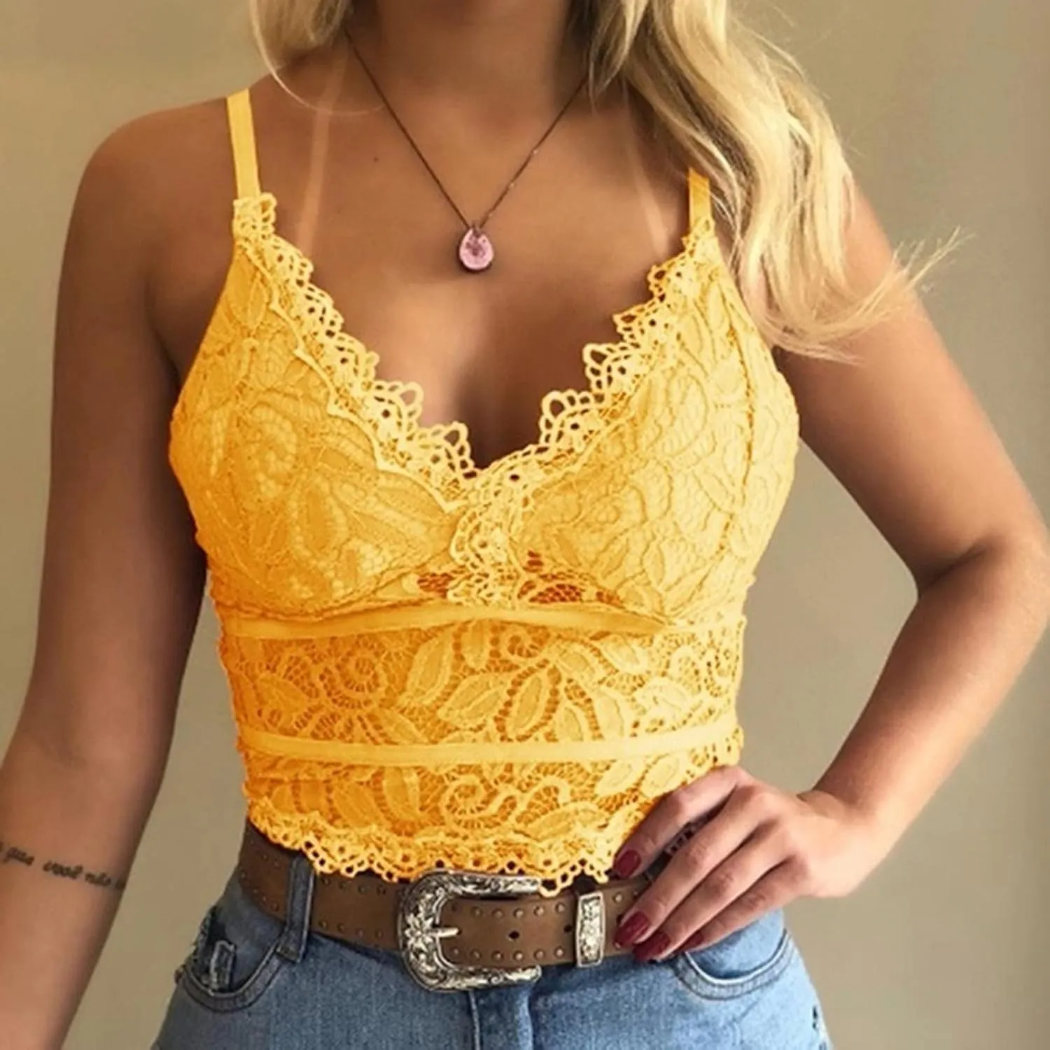 Binmer Lace Bralettes for Women Spaghetti Strap Tank Top Wireless V Neck Crop Top Adjustable Lingerie Slim Basic Camisole