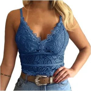 Binmer Lace Bralettes for Women Spaghetti Strap Tank Top Wireless V Neck Crop Top Adjustable Lingerie Slim Basic Camisole