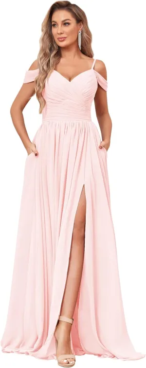 BOLENSYE Off The Shoulder Bridesmaid Dresses with Pockets Ruched Chiffon Long Slit Formal Evening Gown