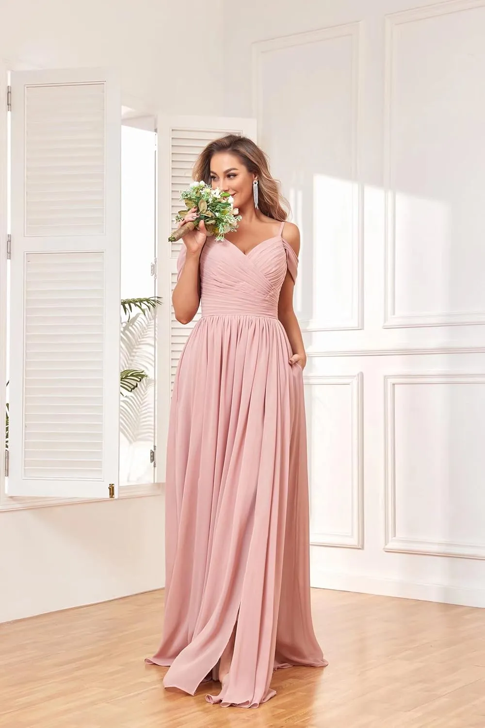 BOLENSYE Off The Shoulder Bridesmaid Dresses with Pockets Ruched Chiffon Long Slit Formal Evening Gown