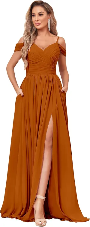 BOLENSYE Off The Shoulder Bridesmaid Dresses with Pockets Ruched Chiffon Long Slit Formal Evening Gown